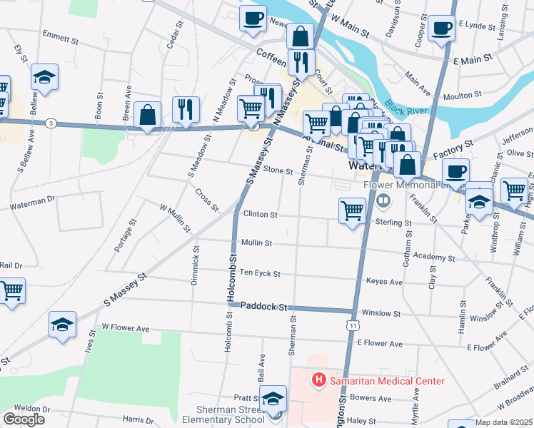 map of restaurants, bars, coffee shops, grocery stores, and more near 253 Clinton Street in Watertown