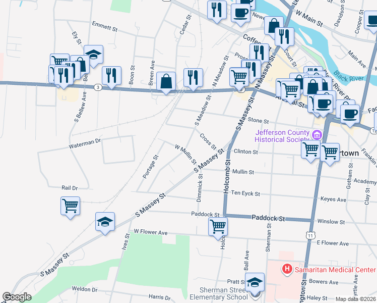 map of restaurants, bars, coffee shops, grocery stores, and more near 426 West Mullin Street in Watertown