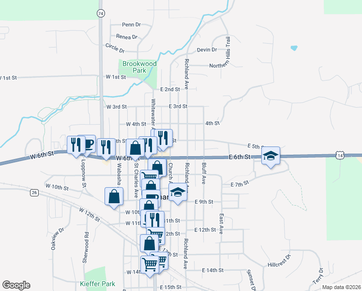 map of restaurants, bars, coffee shops, grocery stores, and more near 242 East 5th Street in Saint Charles