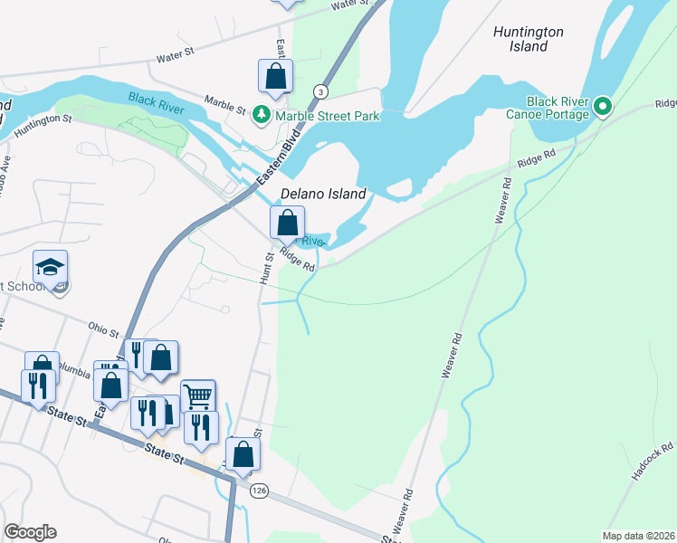 map of restaurants, bars, coffee shops, grocery stores, and more near 25078 Ridge Road in Watertown