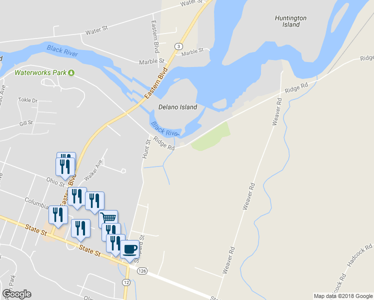 map of restaurants, bars, coffee shops, grocery stores, and more near 25078/80 Ridge Road in Watertown
