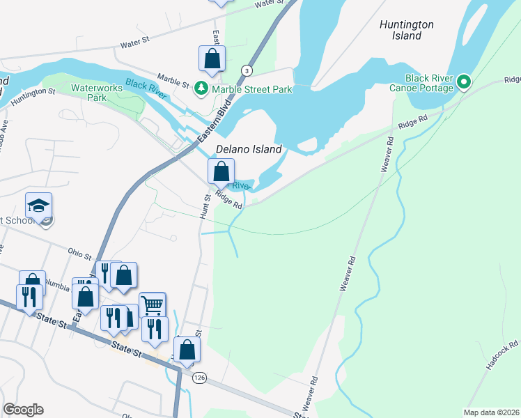 map of restaurants, bars, coffee shops, grocery stores, and more near 25078 Ridge Road in Watertown
