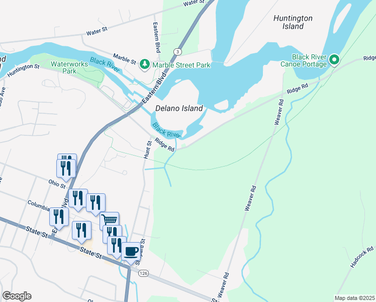 map of restaurants, bars, coffee shops, grocery stores, and more near 25078 Ridge Road in Watertown
