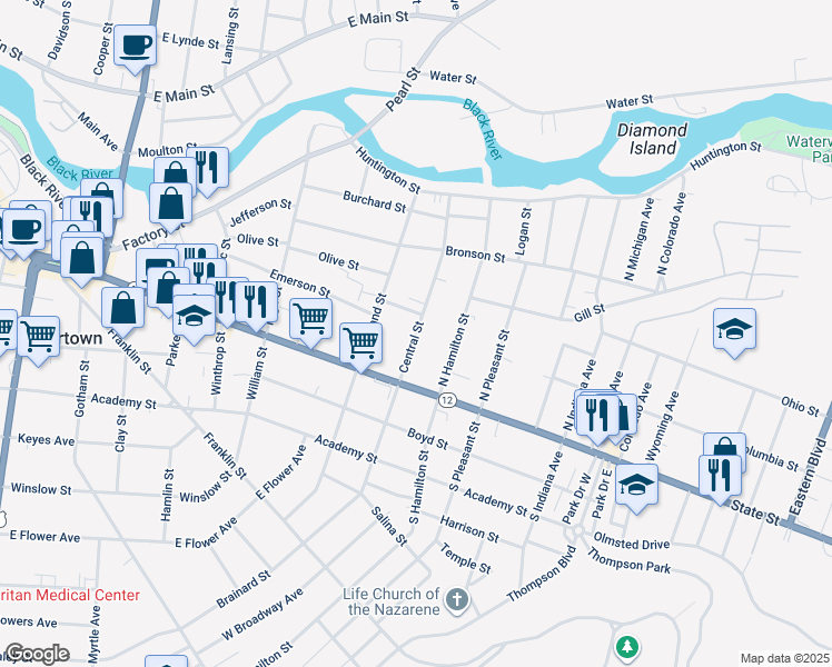 map of restaurants, bars, coffee shops, grocery stores, and more near 136 Central Street in Watertown