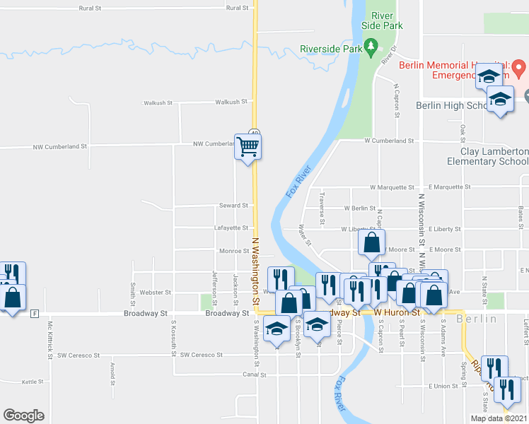 map of restaurants, bars, coffee shops, grocery stores, and more near 246 North Washington Street in Berlin