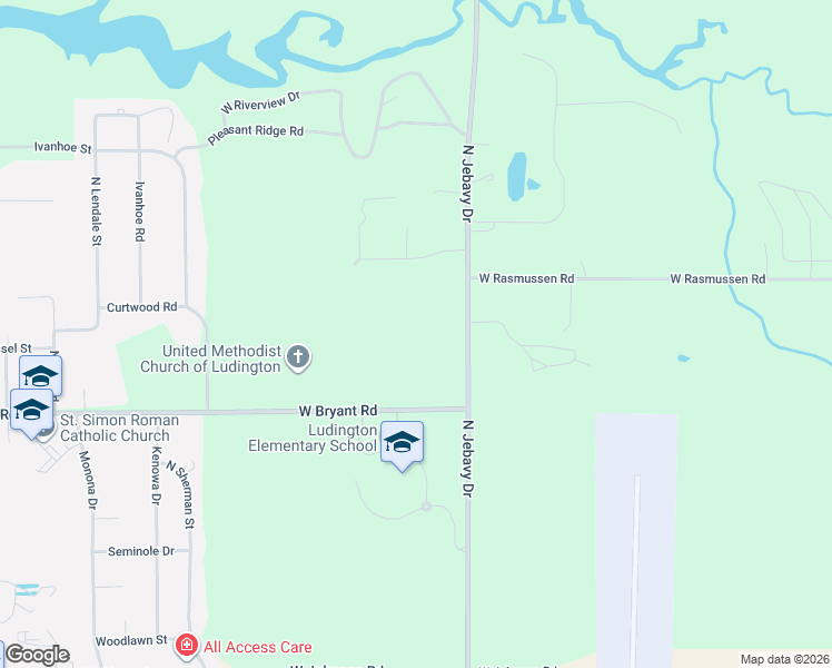map of restaurants, bars, coffee shops, grocery stores, and more near 985 North Jebavy Drive in Ludington