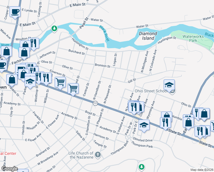 map of restaurants, bars, coffee shops, grocery stores, and more near 202 North Pleasant Street in Watertown