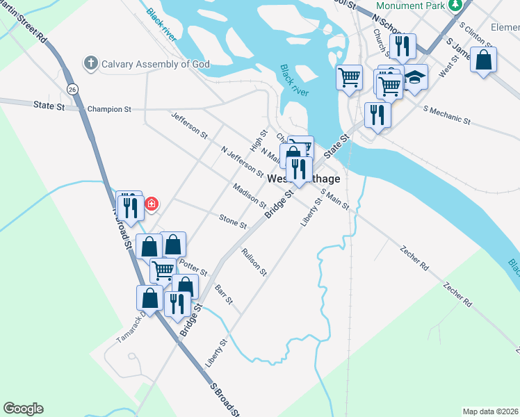 map of restaurants, bars, coffee shops, grocery stores, and more near 1 Madison Street in Carthage