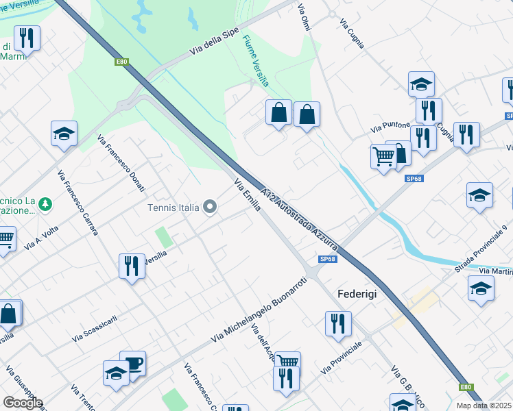 map of restaurants, bars, coffee shops, grocery stores, and more near 850c Via Emilia in Forte dei Marmi