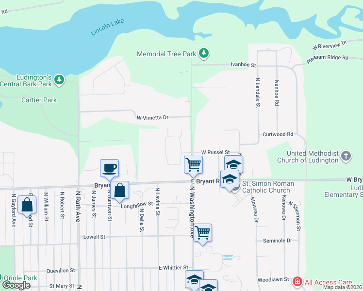 map of restaurants, bars, coffee shops, grocery stores, and more near 1251 Blue Heron Drive in Ludington