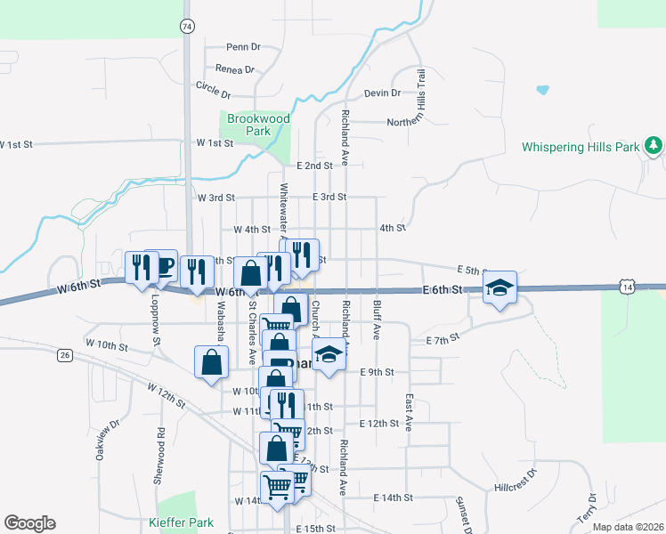 map of restaurants, bars, coffee shops, grocery stores, and more near 242 East 5th Street in Saint Charles