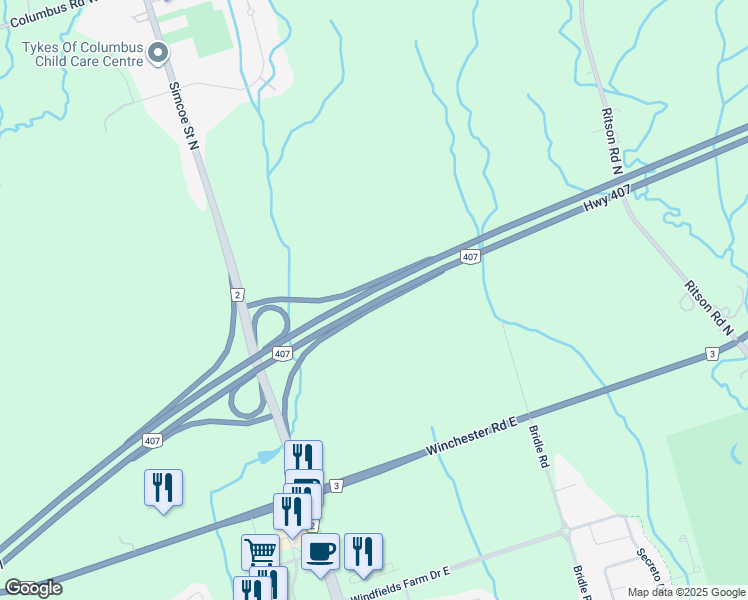 map of restaurants, bars, coffee shops, grocery stores, and more near Ontario 407 in Oshawa