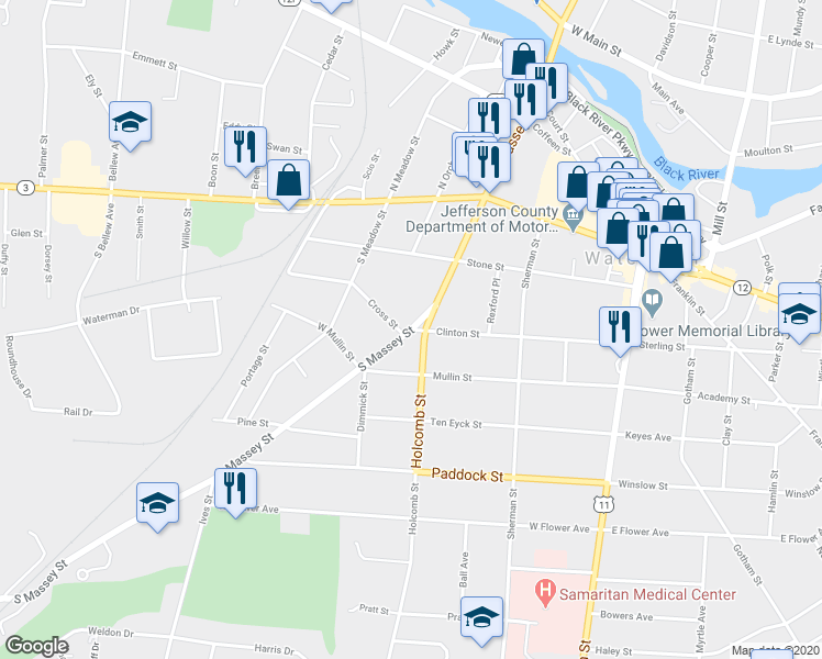 map of restaurants, bars, coffee shops, grocery stores, and more near Massey Street South & Clinton Street in Watertown