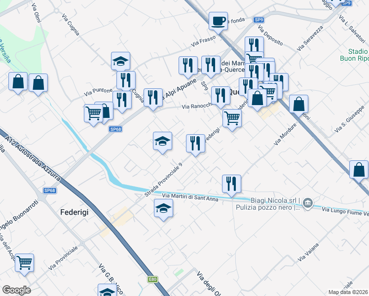 map of restaurants, bars, coffee shops, grocery stores, and more near 834 Via Federigi in Querceta
