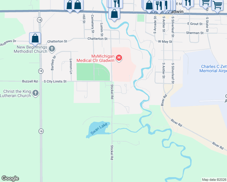 map of restaurants, bars, coffee shops, grocery stores, and more near 638 Riverview Court in Gladwin