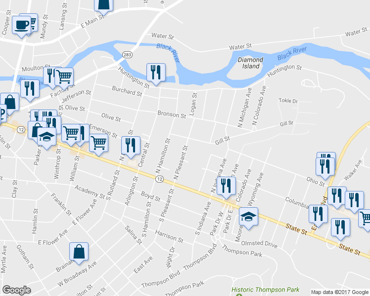 map of restaurants, bars, coffee shops, grocery stores, and more near 209 Pleasant Street North in Watertown