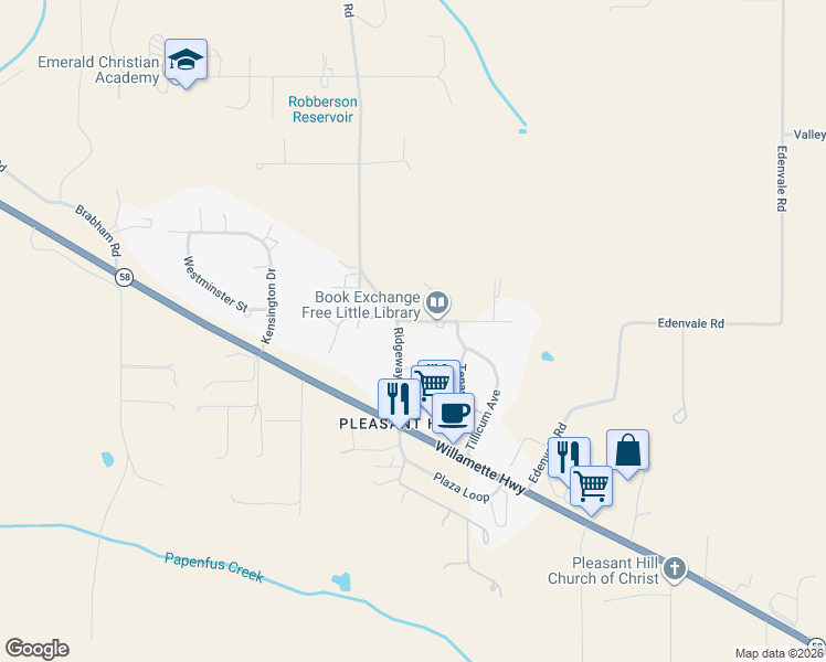 map of restaurants, bars, coffee shops, grocery stores, and more near 84989 Ridgeway Road in Pleasant Hill