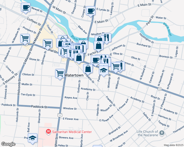 map of restaurants, bars, coffee shops, grocery stores, and more near 333 Sterling Street in Watertown