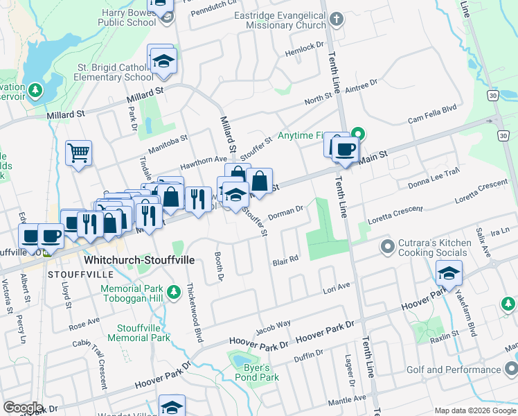 map of restaurants, bars, coffee shops, grocery stores, and more near 6601 Main Street in Whitchurch-Stouffville