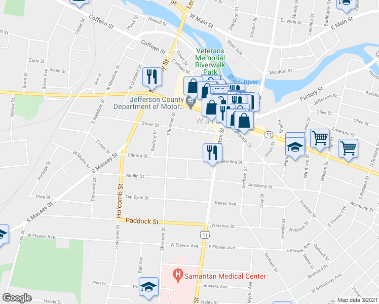 map of restaurants, bars, coffee shops, grocery stores, and more near 140 Clinton Street in Watertown
