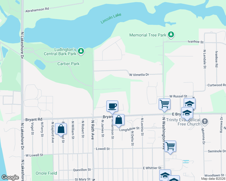 map of restaurants, bars, coffee shops, grocery stores, and more near 6665 West Timber Lane in Ludington
