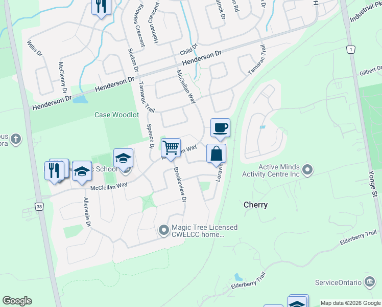 map of restaurants, bars, coffee shops, grocery stores, and more near 137 McClellan Way in Aurora