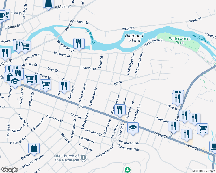 map of restaurants, bars, coffee shops, grocery stores, and more near 1132 Gill Street in Watertown