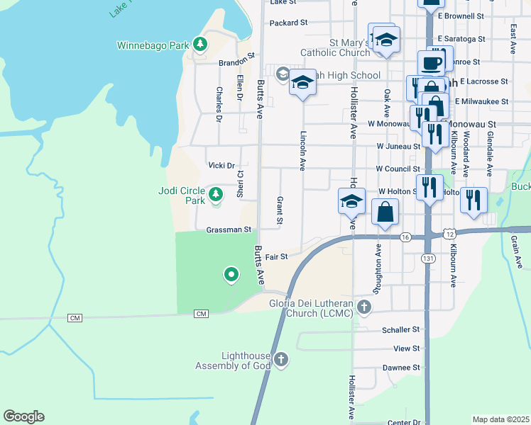 map of restaurants, bars, coffee shops, grocery stores, and more near 1506 Butts Avenue in Tomah