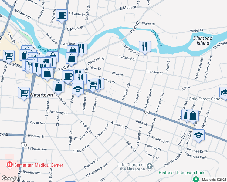 map of restaurants, bars, coffee shops, grocery stores, and more near 653 State Street in Watertown