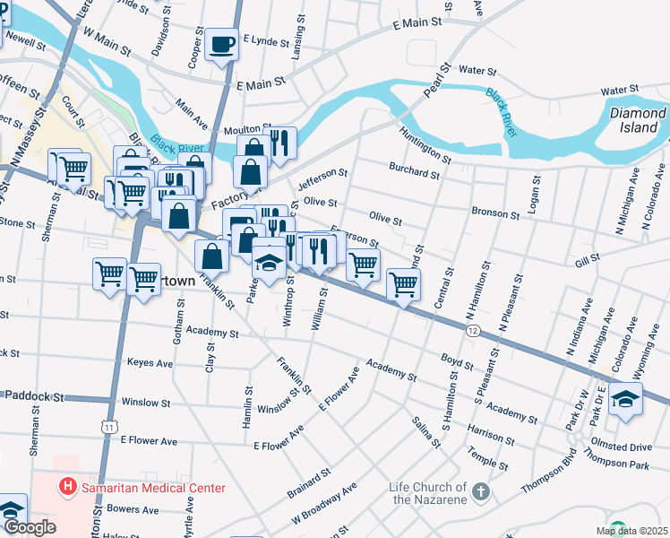 map of restaurants, bars, coffee shops, grocery stores, and more near 610 State Street in Watertown