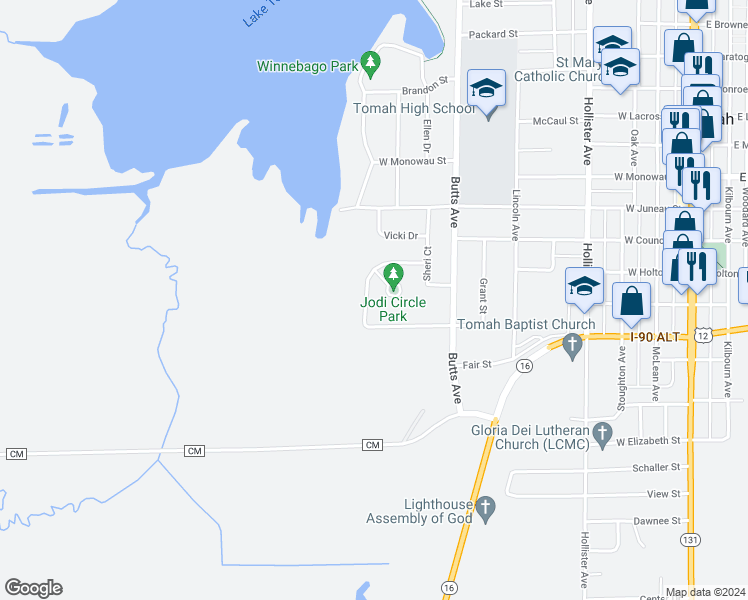 map of restaurants, bars, coffee shops, grocery stores, and more near 1211 Kristi Lane in Tomah