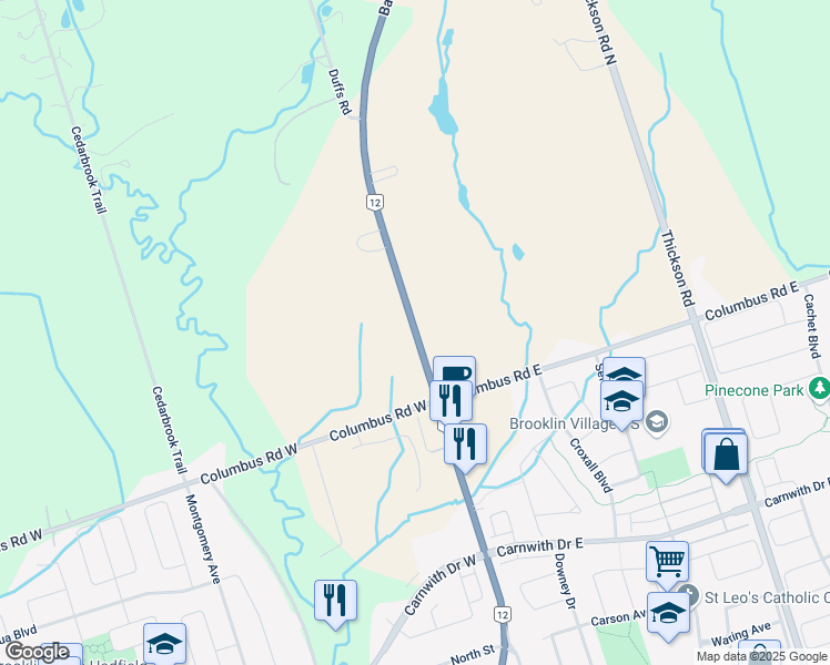 map of restaurants, bars, coffee shops, grocery stores, and more near 7087 Baldwin Street North in Whitby