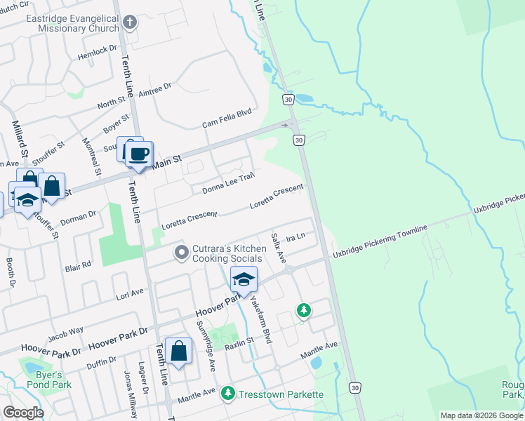 map of restaurants, bars, coffee shops, grocery stores, and more near 255 Loretta Crescent in Whitchurch-Stouffville
