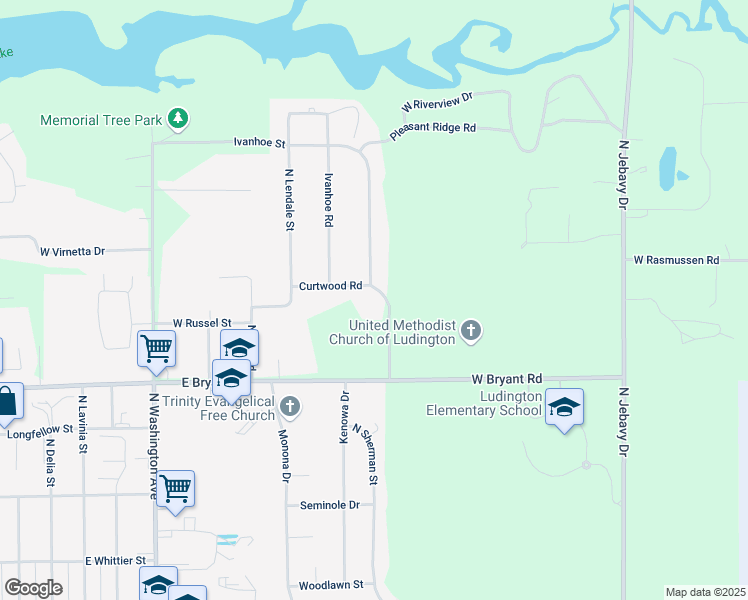 map of restaurants, bars, coffee shops, grocery stores, and more near 6032 West Trails End Road in Ludington