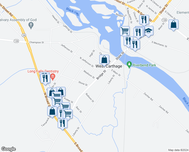 map of restaurants, bars, coffee shops, grocery stores, and more near 2 Madison Street in Carthage