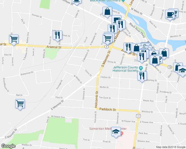 map of restaurants, bars, coffee shops, grocery stores, and more near 264 South Massey Street in Watertown