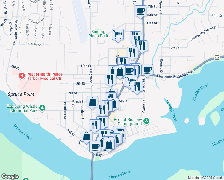 map of restaurants, bars, coffee shops, grocery stores, and more near U.S. 101 in Florence