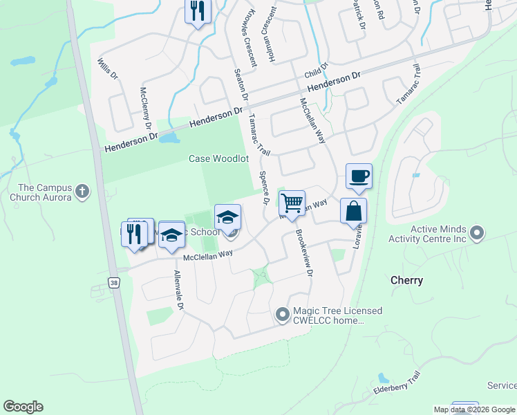 map of restaurants, bars, coffee shops, grocery stores, and more near 64 Spence Drive in Aurora