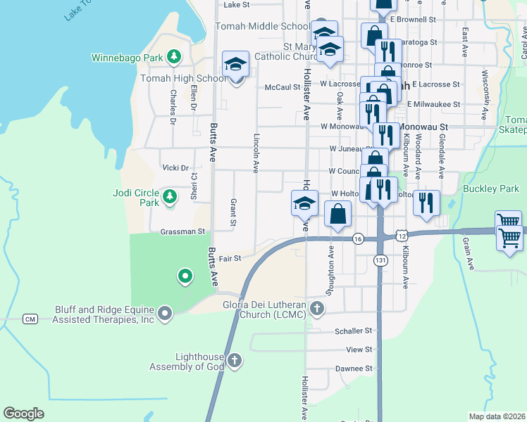 map of restaurants, bars, coffee shops, grocery stores, and more near 1500 Lincoln Avenue in Tomah