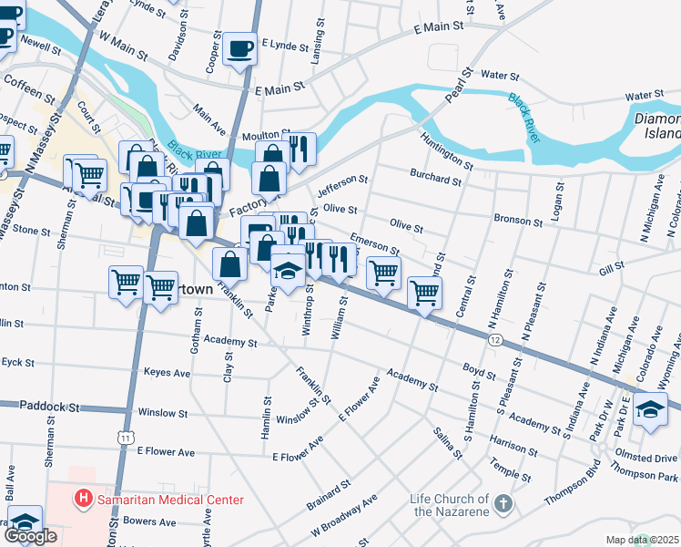 map of restaurants, bars, coffee shops, grocery stores, and more near 610 State Street in Watertown