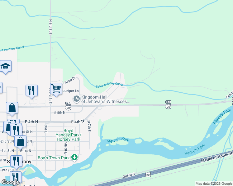 map of restaurants, bars, coffee shops, grocery stores, and more near 2439 Yellowstone Highway in Saint Anthony