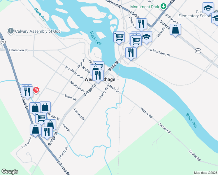 map of restaurants, bars, coffee shops, grocery stores, and more near 12 S Main St in Carthage