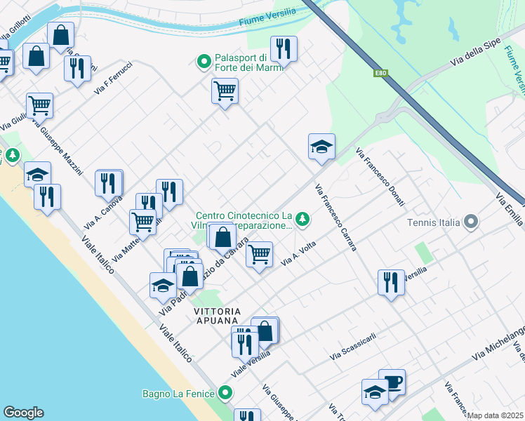 map of restaurants, bars, coffee shops, grocery stores, and more near 21 Via Gorizia in Forte dei Marmi