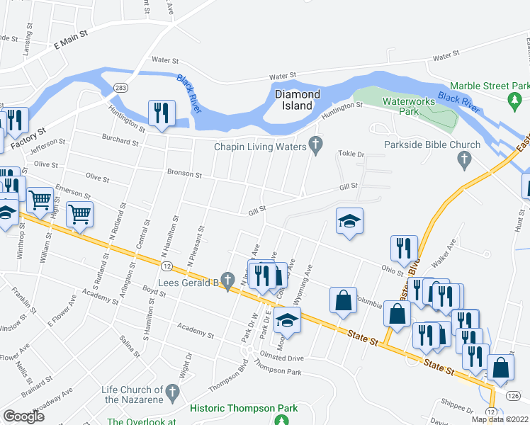 map of restaurants, bars, coffee shops, grocery stores, and more near 265 North Indiana Avenue in Watertown