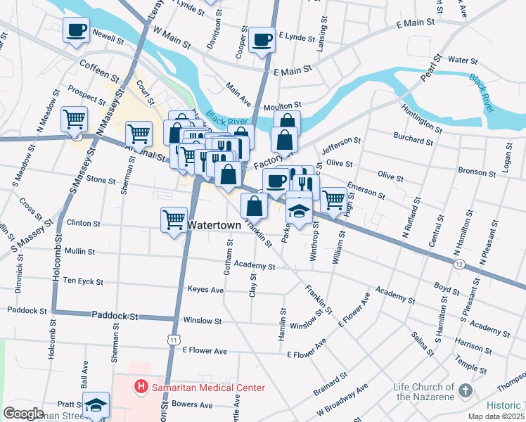 map of restaurants, bars, coffee shops, grocery stores, and more near 142 Union Street in Watertown