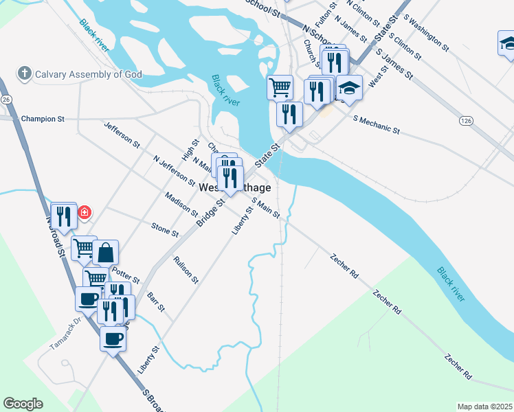 map of restaurants, bars, coffee shops, grocery stores, and more near 12 S Main St in Carthage