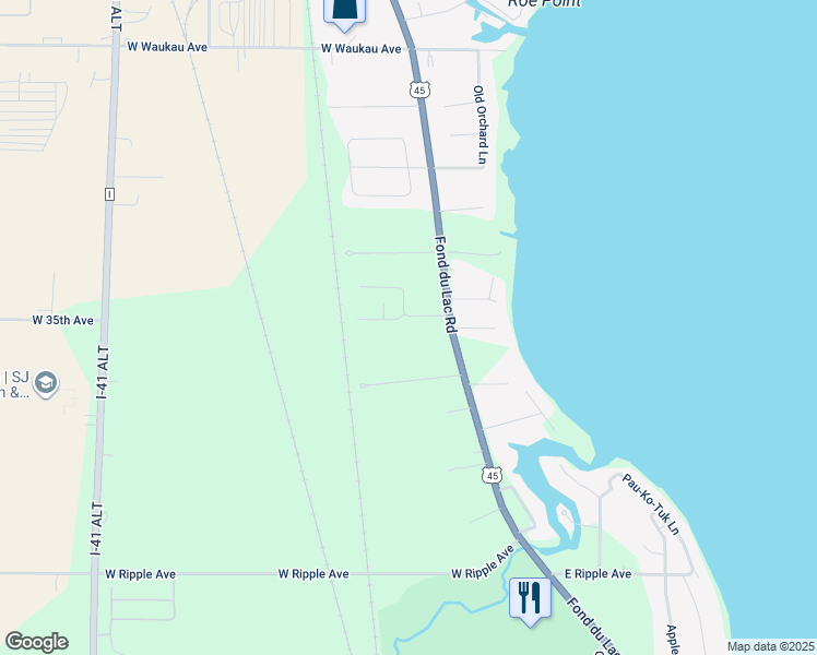 map of restaurants, bars, coffee shops, grocery stores, and more near 3567 Fond Du Lac Road in Oshkosh