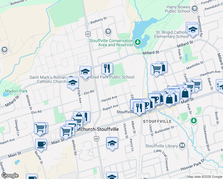 map of restaurants, bars, coffee shops, grocery stores, and more near 124 William Street in Whitchurch-Stouffville