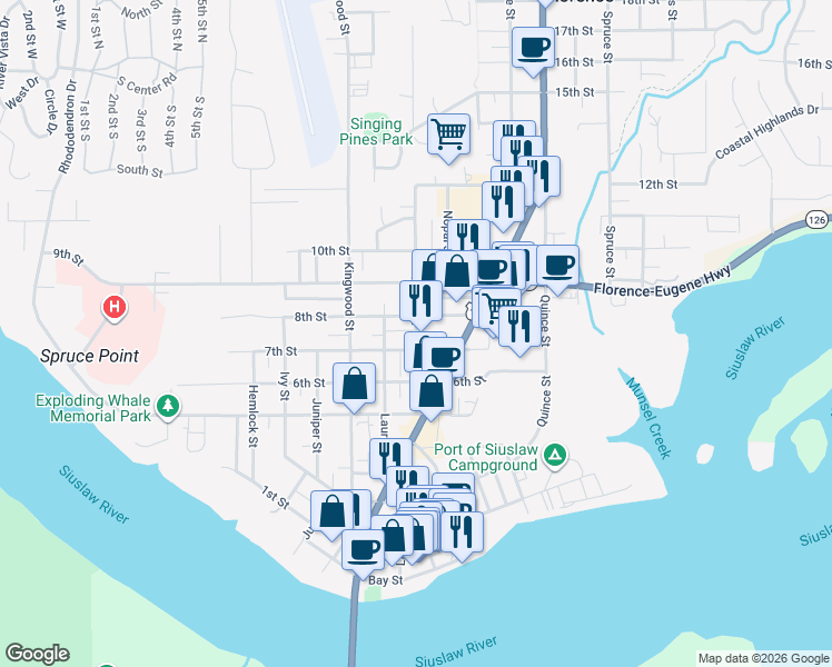 map of restaurants, bars, coffee shops, grocery stores, and more near U.S. 101 in Florence