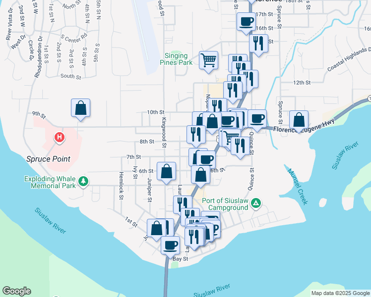 map of restaurants, bars, coffee shops, grocery stores, and more near 750 Laurel Street in Florence